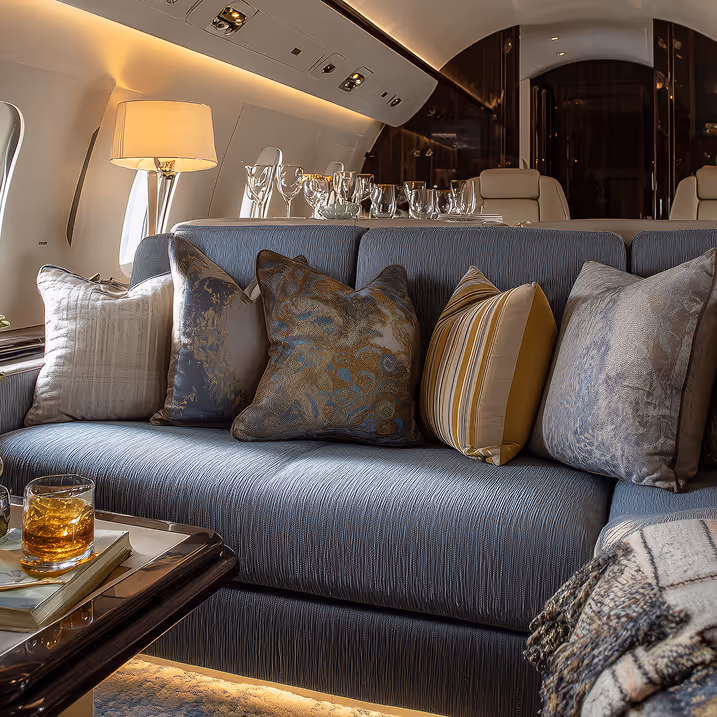 Luxurious private jet interior featuring a blue sofa with five decorative pillows, a side table with a glass of amber liquid, and elegant glassware on a counter behind.