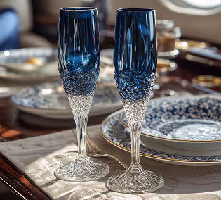 Two elegant blue and clear crystal champagne flutes set on a linen napkin beside blue and white patterned plates on a wooden table.