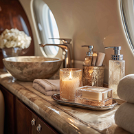 Luxurious private jet bathroom countertop with lit candle, soap dispenser, lotion bottle, towels, and stone sink under oval window.