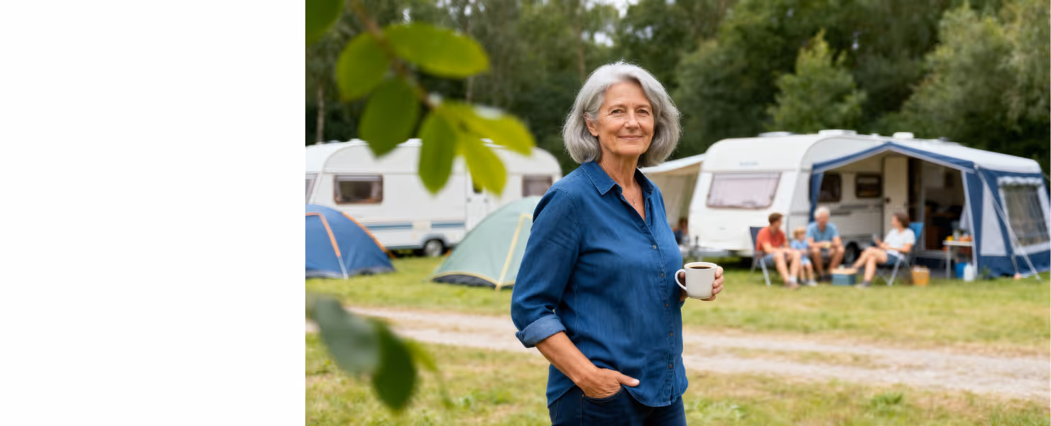 vrouw met een kop koffie op een campingterrein.