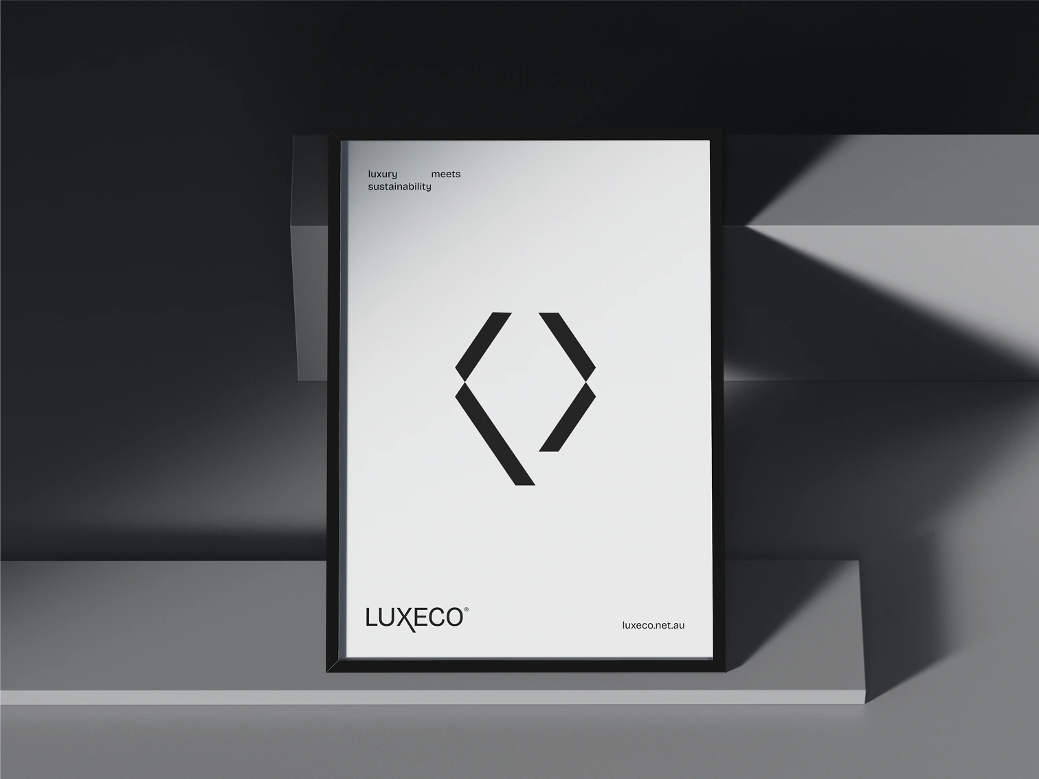 Framed minimalist poster with black geometric logo, text 'luxury meets sustainability,' brand name LUXECO, and website luxeco.net.au.