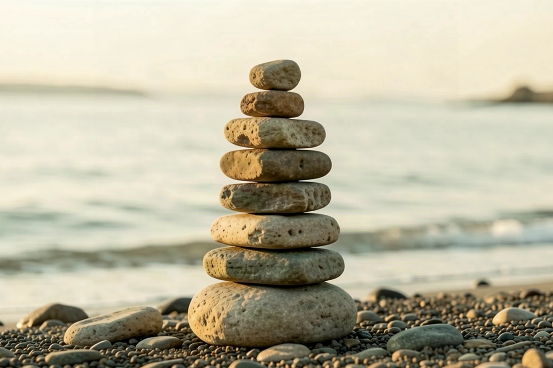 Eight-stone cairn on a shoreline representing the eight phases of EMDR therapy.