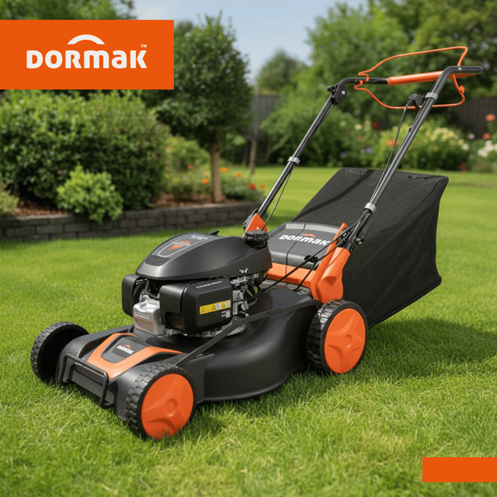 Un cortacésped Dormak modelo CR55HPROPLUS sobre un prado muy bien cuidado.