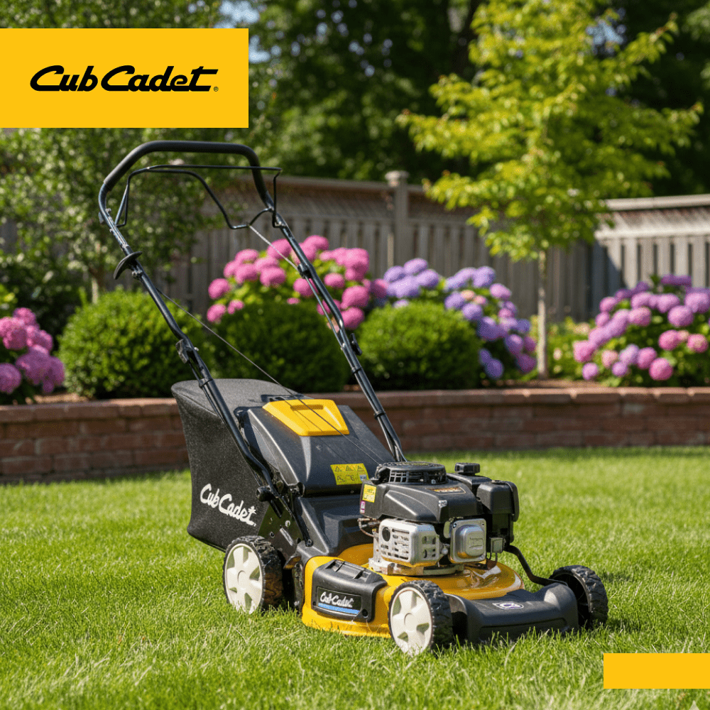 Un cortacésped Cub Cadet modelo LM1AR46 sobre un prado muy bonito con flores en el fondo.