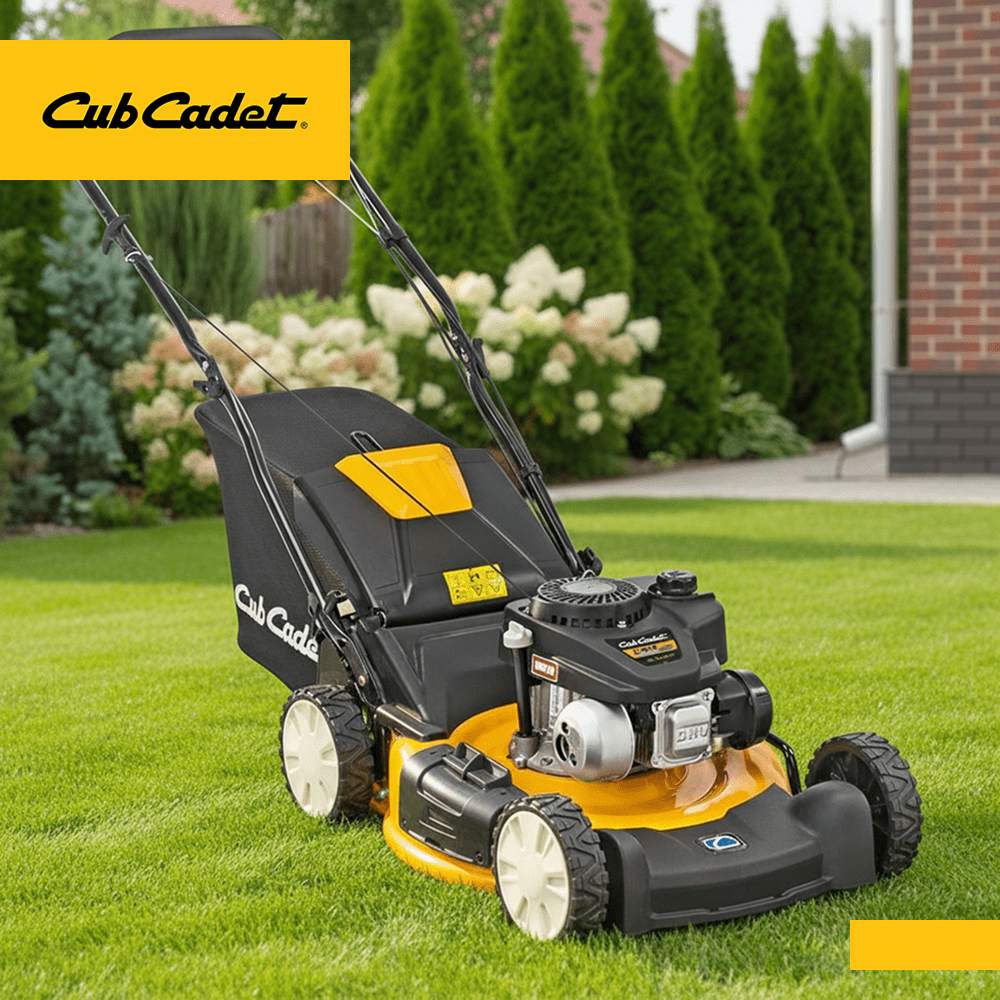 Un cortacésped Cub Cadet modelo LM1CR53 sobre un prado muy bien cuidado con una linda casa de fondo.