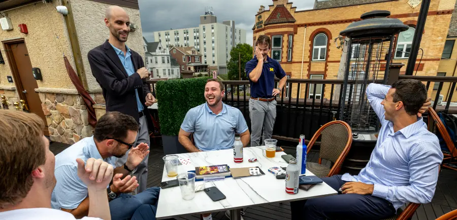 Performing mind tricks during a Happy Hour event at Great American Pub in Conshohocken, PA. Everyone is on the rooftop.