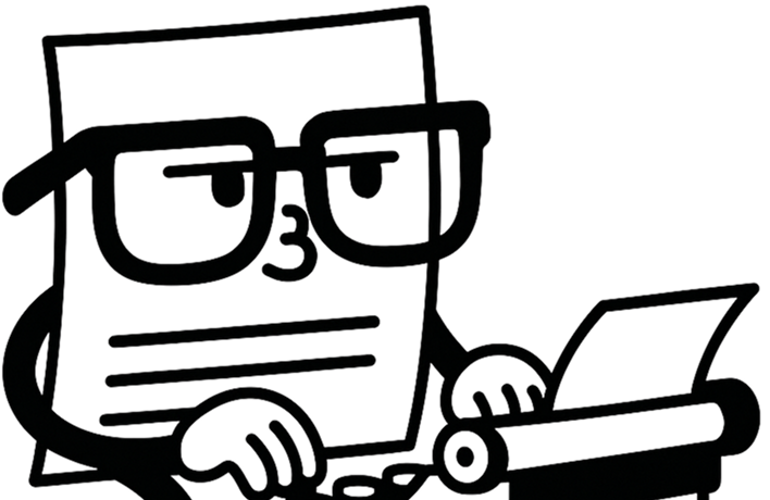 Cartoon illustration of a serious-looking document character wearing glasses and typing on a typewriter, symbolizing focused writing or blogging.