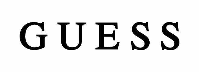 Logo der Modemarke GUESS mit rotem Dreieck, Fragezeichen und Text USA, Washed, Jeans.