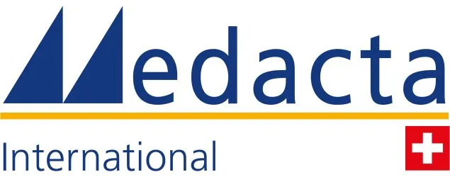 Medacta International logo with a stylized blue 'M', the word 'edacta' in blue, a yellow horizontal line underneath, 'International' in blue below the line, and a red square with a white Swiss cross at the bottom right.