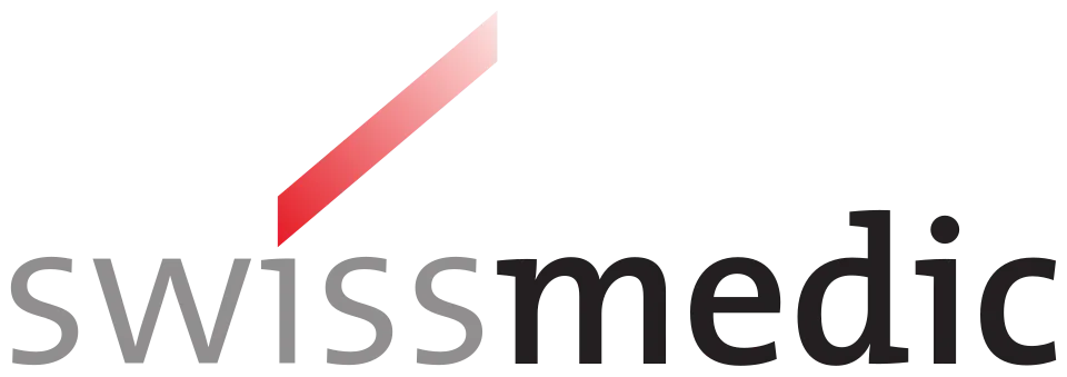 Swissmedic logo with red and white diagonal stripe above the word Swissmedic.