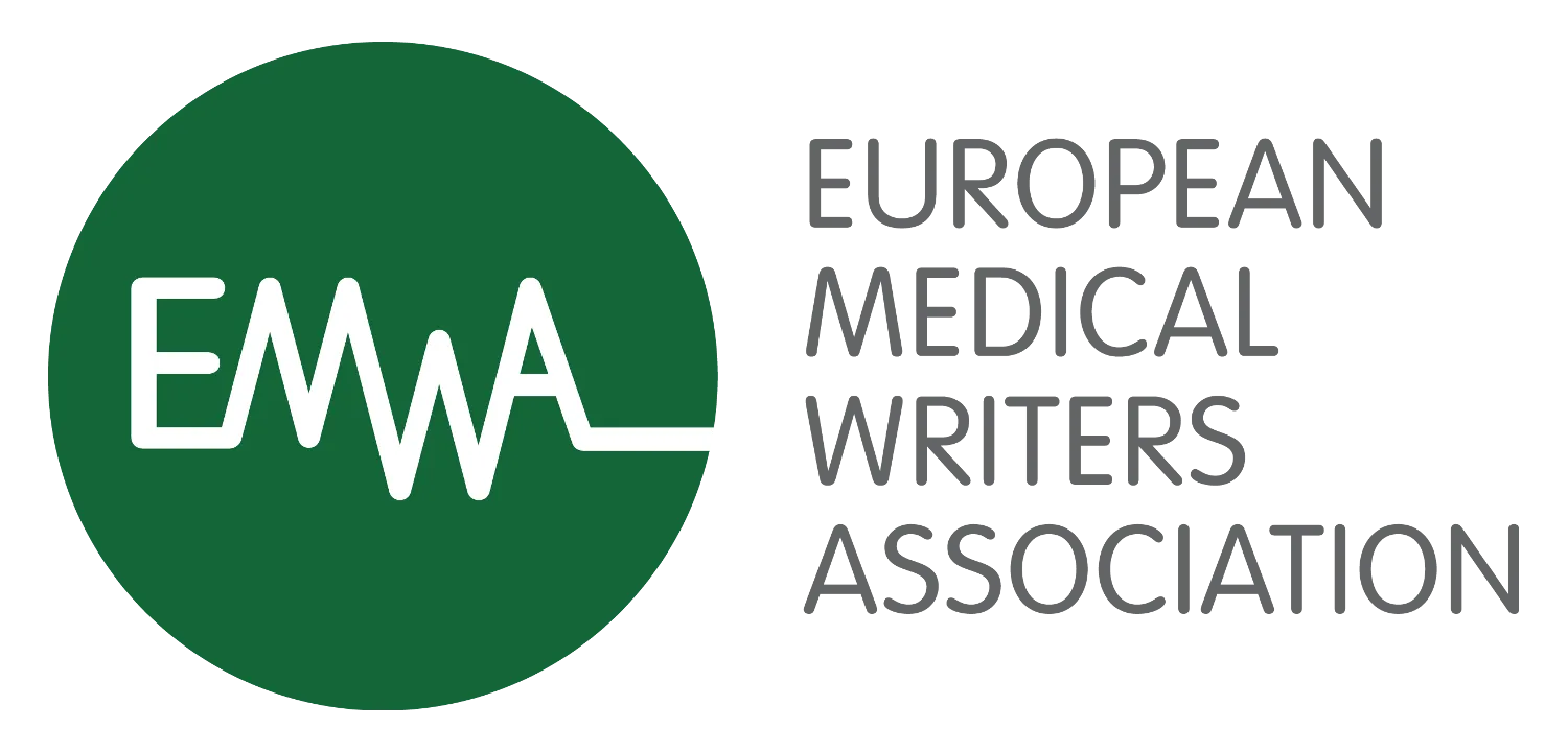 Logo of European Medical Writers Association with white EMWA letters forming a waveform inside a green circle.