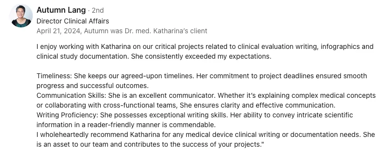 LinkedIn recommendation by Autumn Lang praising Katharina's skills in clinical evaluation writing, communication, and project timeliness.