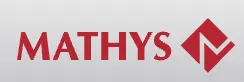 Mathys brand name with a red geometric logo symbol on a light gray background.