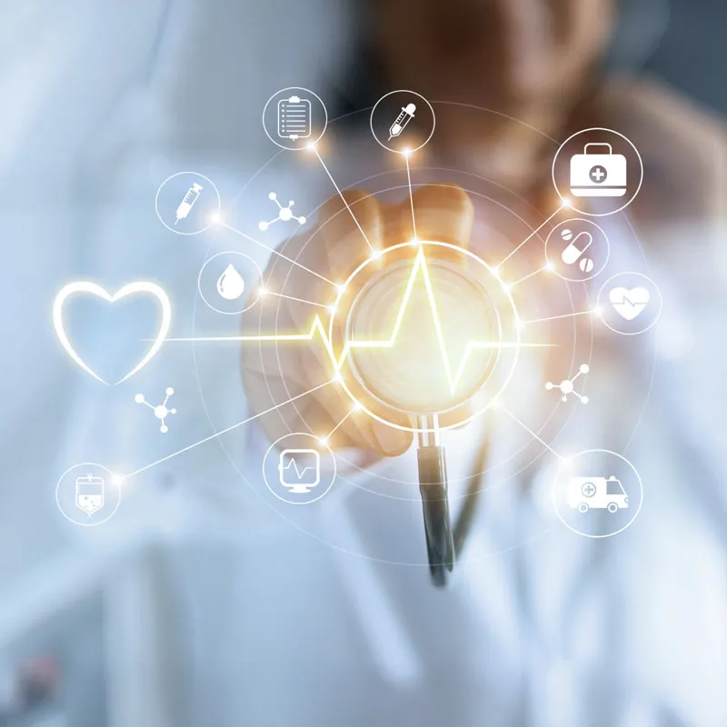 A doctor holding a stethoscope with glowing medical icons and an ECG heartbeat line overlay.