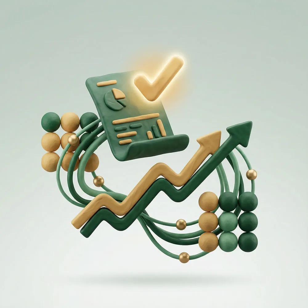 3D illustration of upward trend arrows intertwined with green and gold spheres and a glowing document with charts and a checkmark.