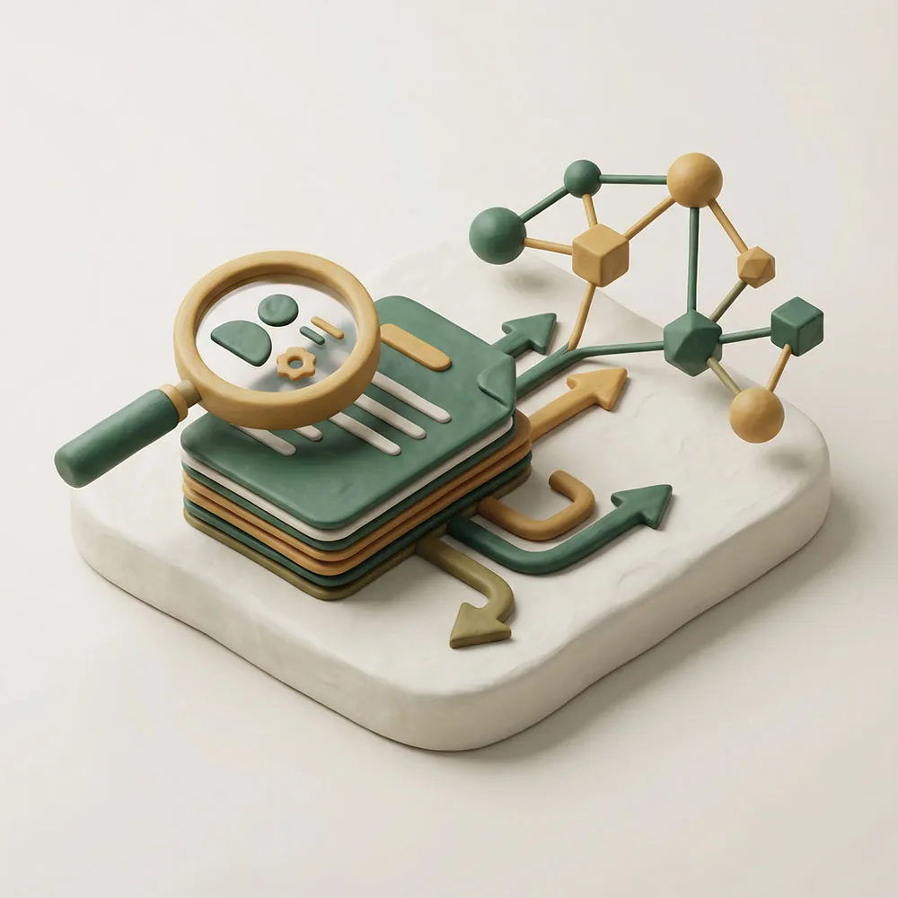 3D illustration of stacked documents with a magnifying glass and a molecular network on a white platform.