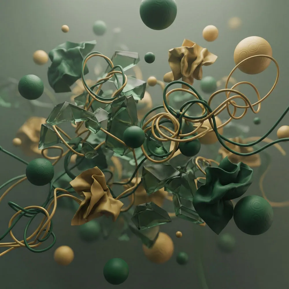 Abstract 3D composition of green and beige spheres, twisted tubes, crumpled shapes, and glass fragments floating on a muted green background.