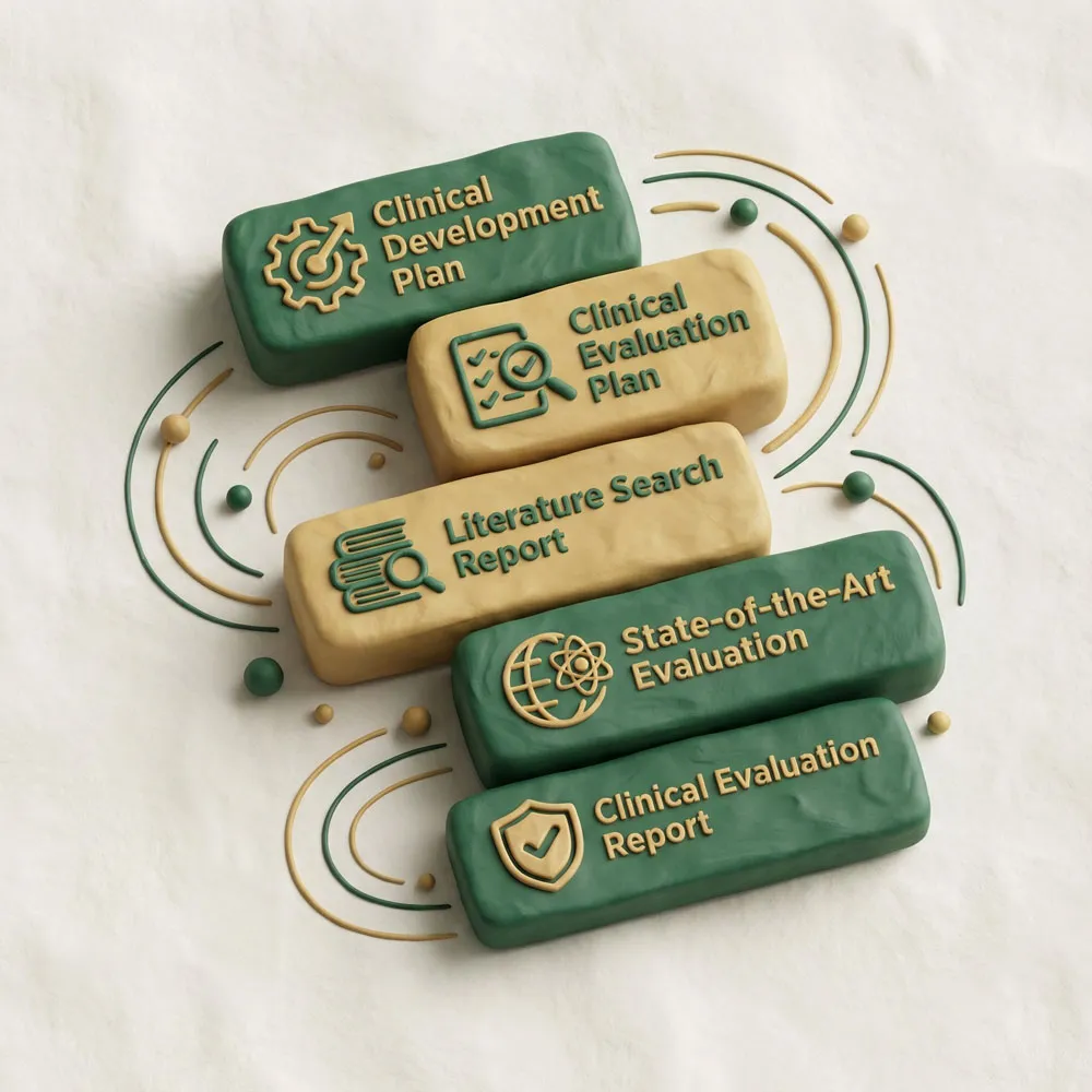Stacked blocks with labels: Clinical Development Plan, Clinical Evaluation Plan, Literature Search Report, State-of-the-Art Evaluation, and Clinical Evaluation Report with related icons.