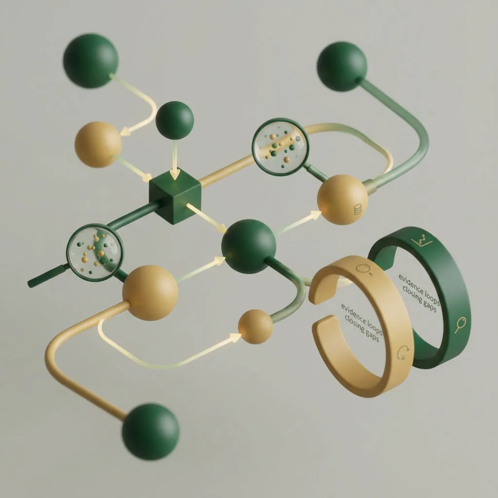3D abstract network with green and gold spheres connected by curved lines and magnifying glasses highlighting clusters, symbolizing evidence loops closing gaps.