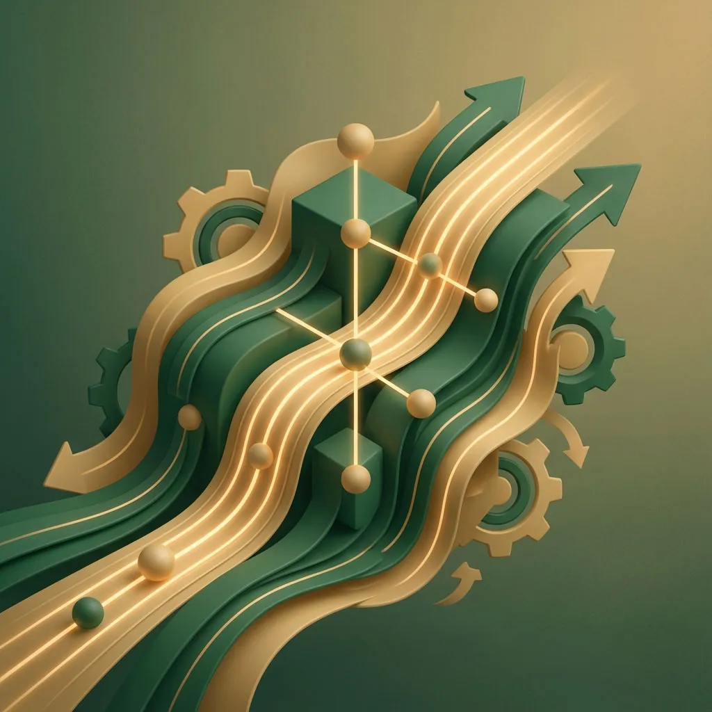 Abstract 3D illustration of golden and green arrows, gears, and connected spheres symbolizing progress and technology.