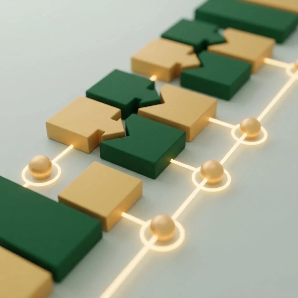 Close-up of interconnected green and beige arrow-shaped blocks linked by glowing lines with small illuminated spheres on a light surface.