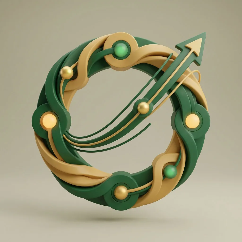 Abstract circular green and gold 3D design with an upward arrow indicating growth or progress.