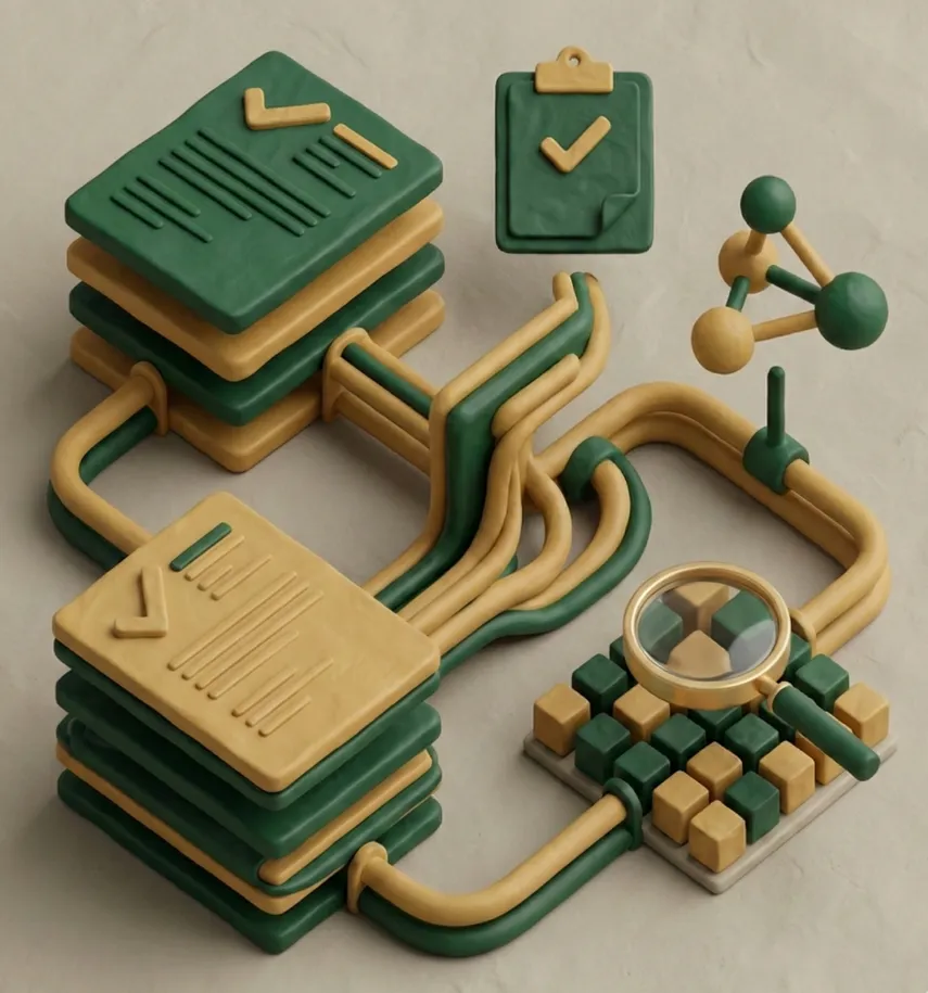 3D illustration of interconnected data stacks, a clipboard with a checkmark, a molecular model, and a magnifying glass over cubes symbolizing data analysis and science.