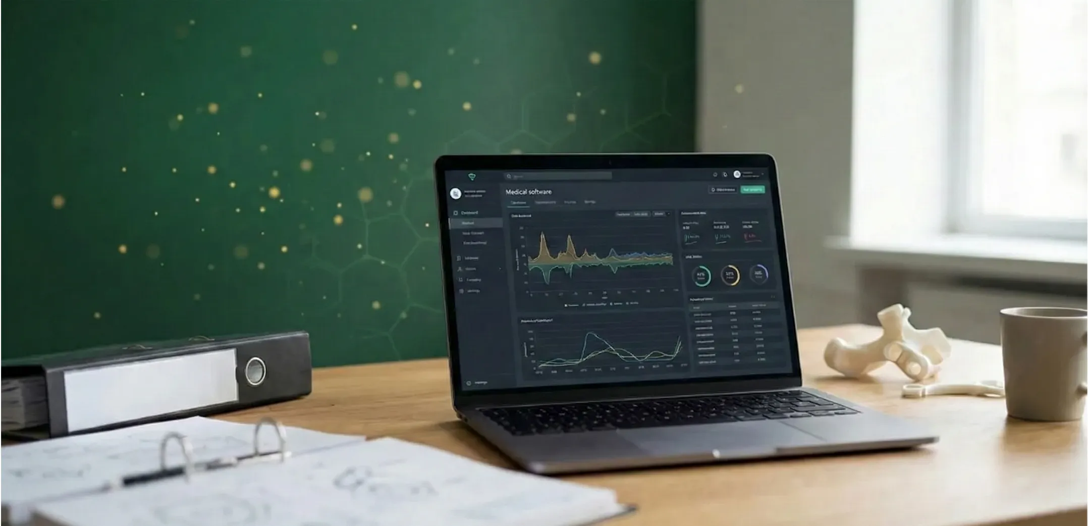 Laptop on desk displaying medical software dashboard with charts and data, next to a binder, bone models, and a coffee mug.