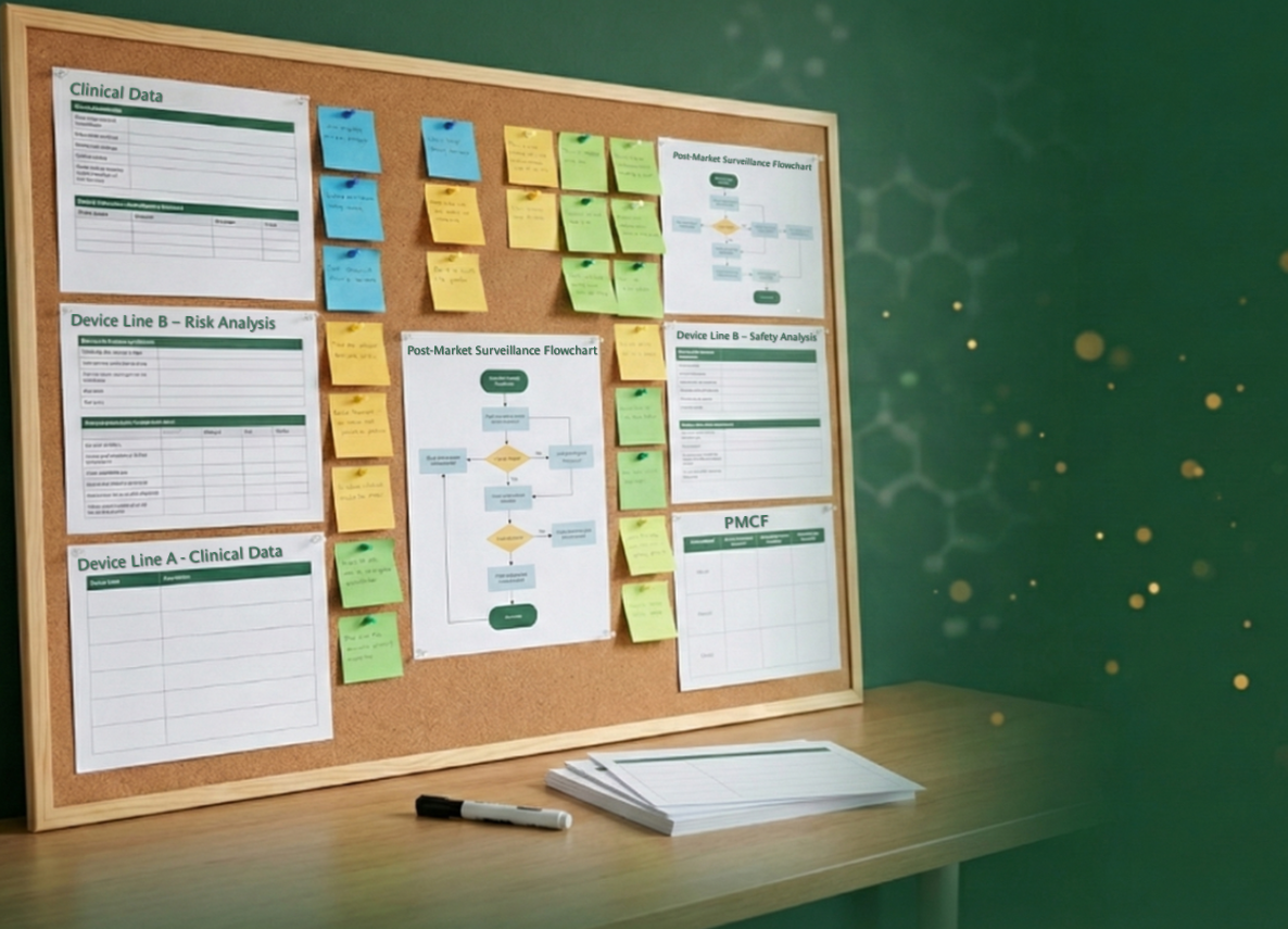 Cork bulletin board with printed documents and colorful sticky notes above a wooden desk with a marker and stacked papers.