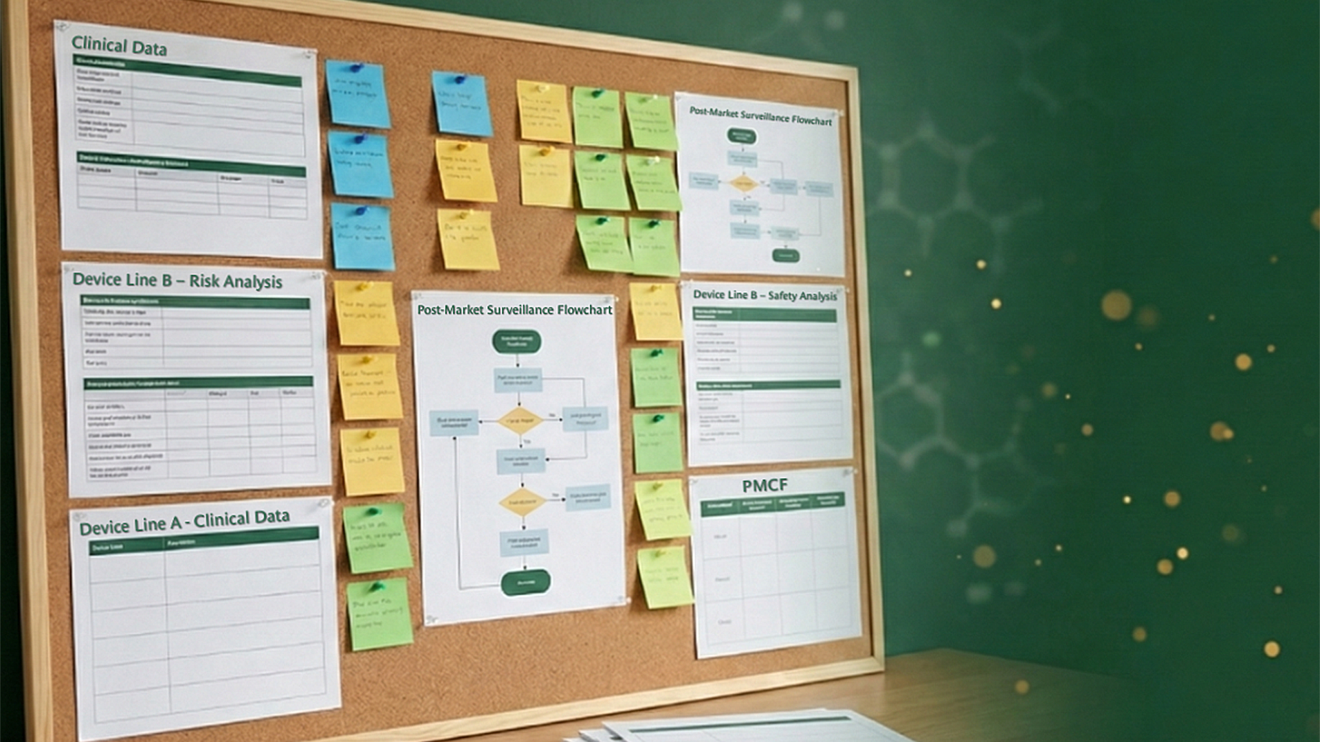 Corkboard on a wooden desk with various charts, flowcharts, and colorful sticky notes pinned on it, next to a stack of papers and a marker.