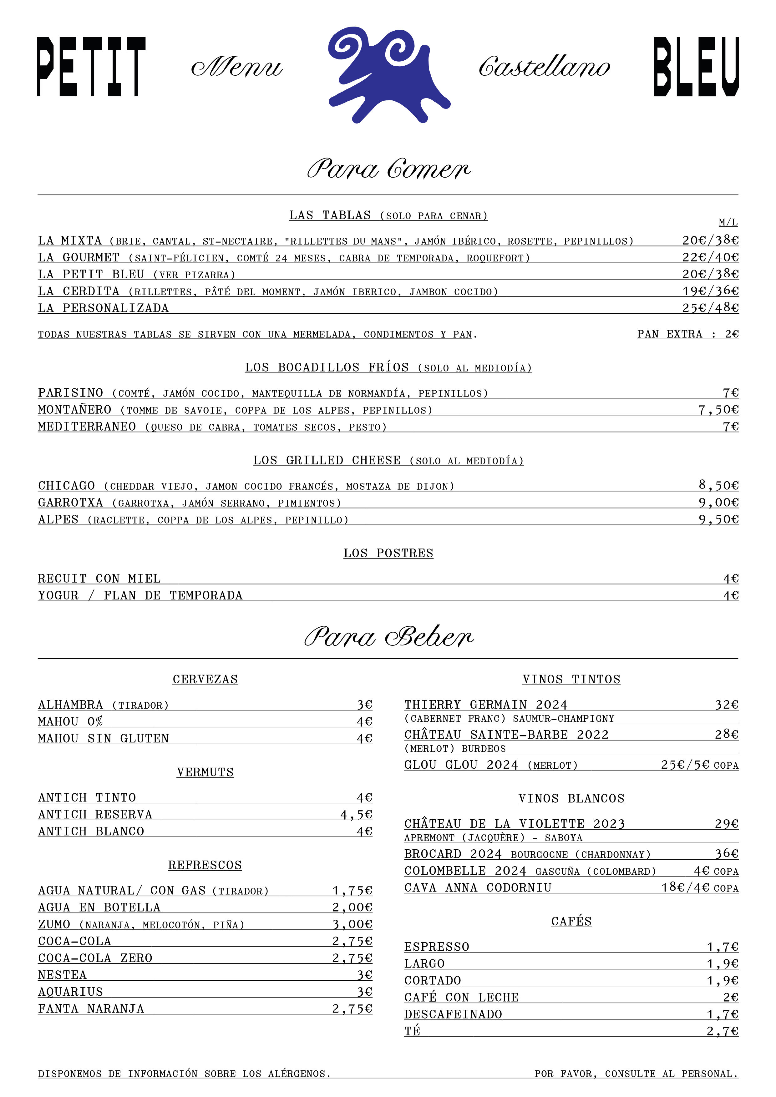 Menu de Petit Bleu en español con selección de quesos artesanales, tablas para compartir, vinos franceses y catalanes, cervezas y postres.