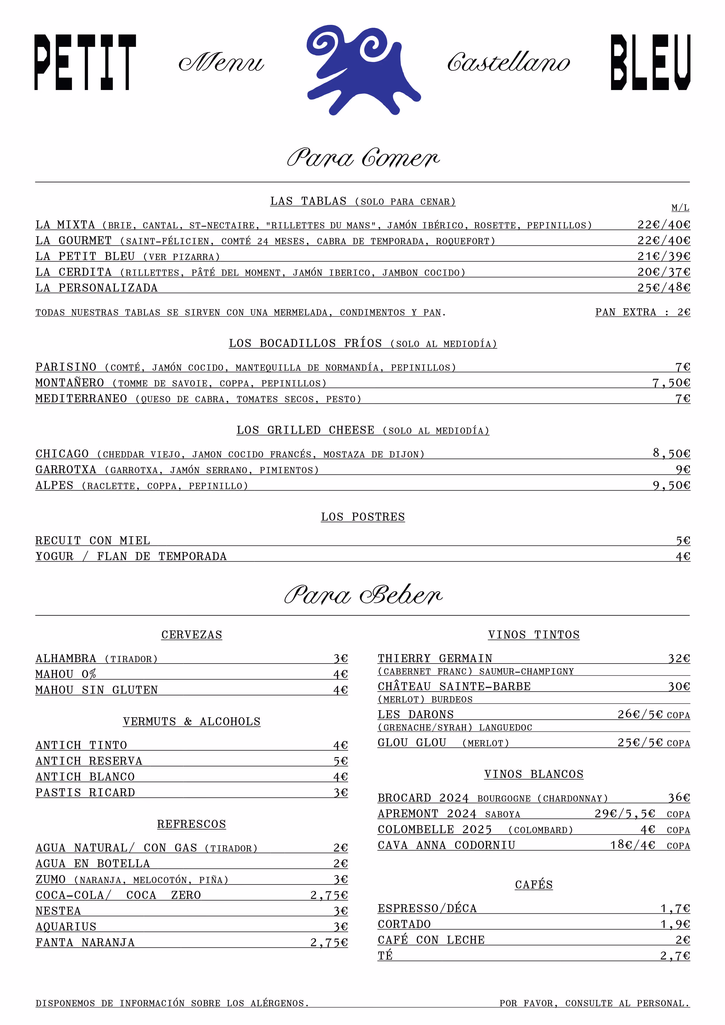 Menu de Petit Bleu en español con selección de quesos artesanales, tablas para compartir, vinos franceses y catalanes, cervezas y postres.