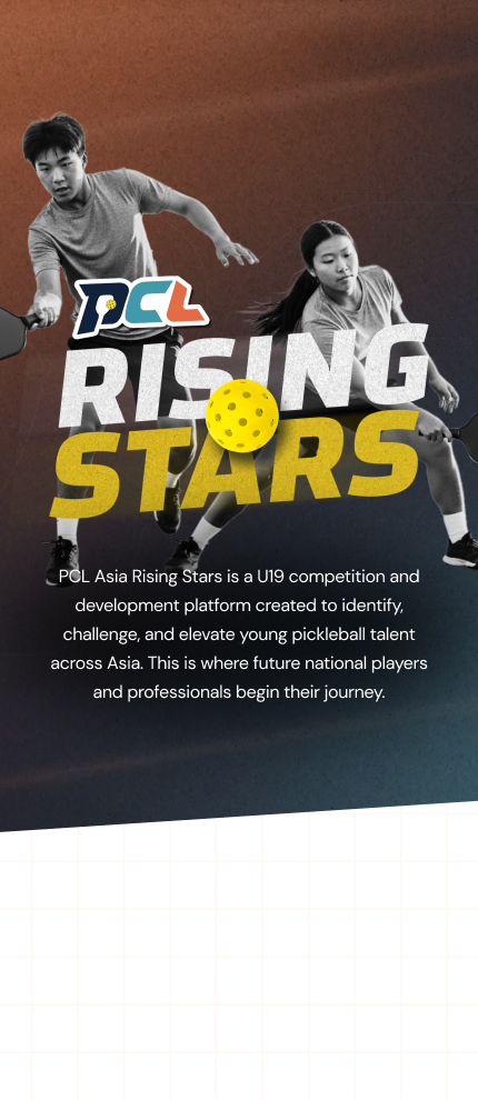 Two young athletes playing pickleball with paddles, next to the text 'PCL Rising Stars' and a yellow pickleball.