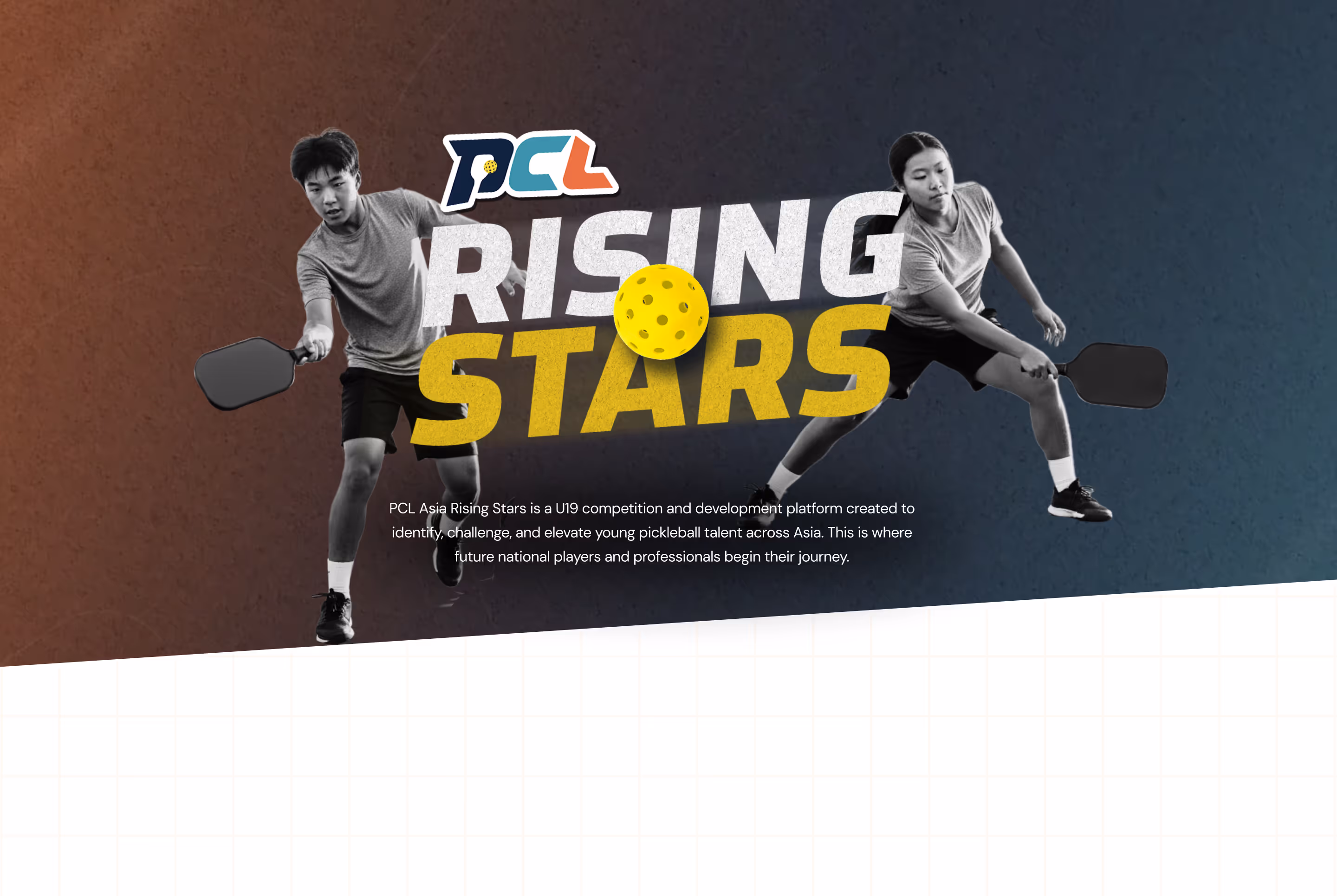 Two athletes playing pickleball with paddles on a gradient background with text 'PCL Rising Stars' and a yellow pickleball in the center.