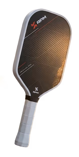 Black and gray RPM pickleball paddle with a white grip and textured surface.