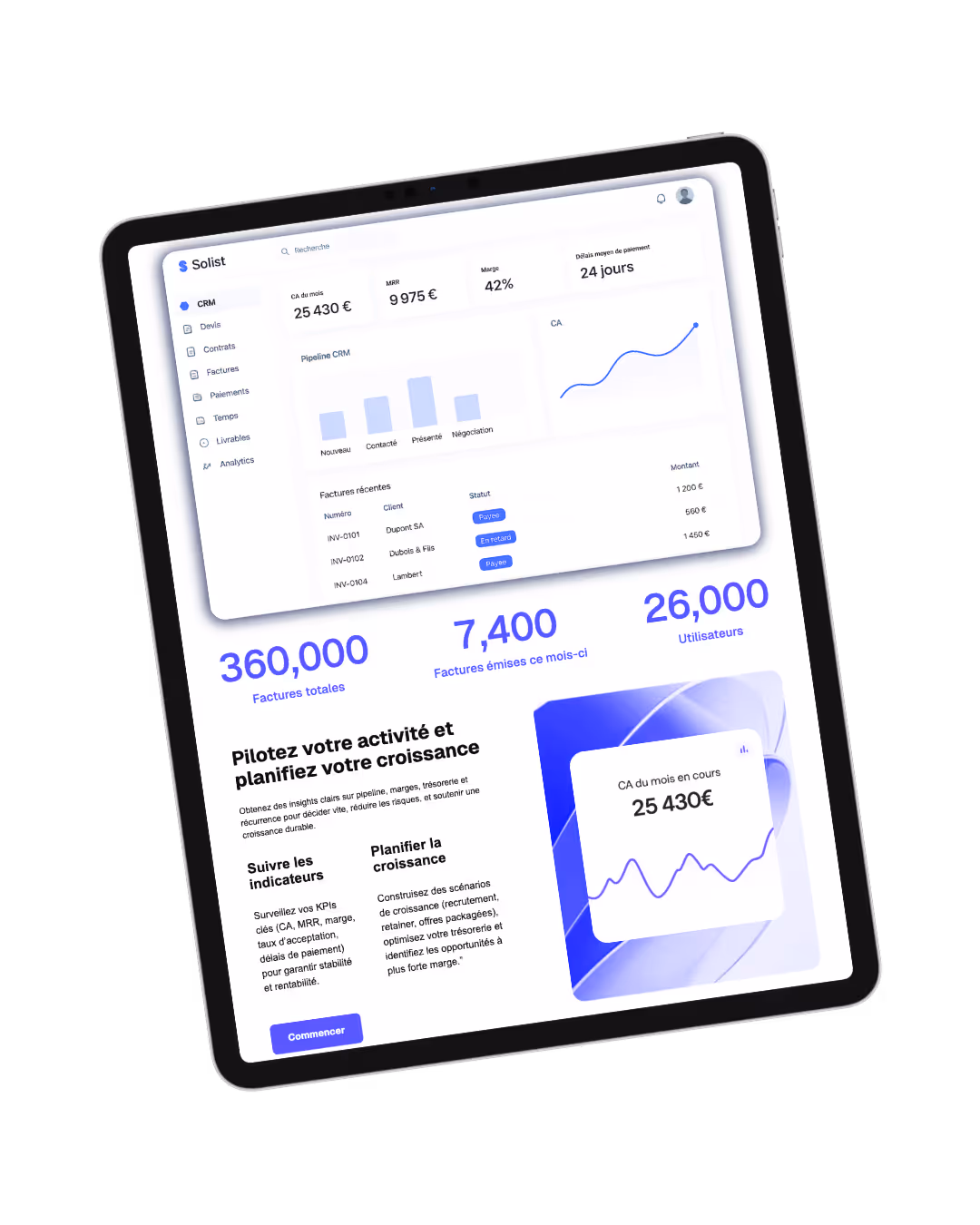 Landing Page en version mobile pour Solist, une solution CRM, dans un écran d'Ipad Pro