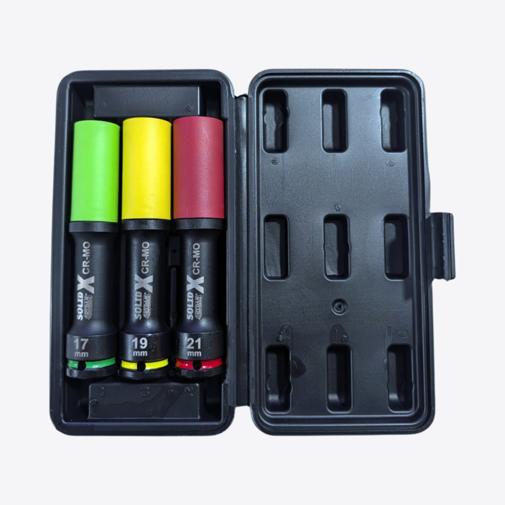 3pc 1/2" Dr 6 Point Wheel Nut Torque 'Master Series' Sockets for Alloy Wheels. 17mm, 19mm, 21mm in Hardcase