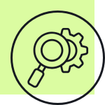 Icon of a magnifying glass over a gear symbol inside a circle representing due diligence or inspection.