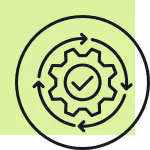 Icon of a gear with a check mark inside, surrounded by circular arrows, indicating process optimization or execution strategy.