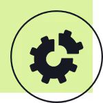 Two interlocking black gears inside a dark circle on a light green square background.