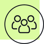 Icon showing three user figures connected in a network on a light green square background.