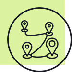 Map with four connected location pins inside a circular frame over a light green square background.