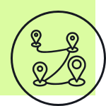 Map with four connected location pins inside a circular frame over a light green square background.