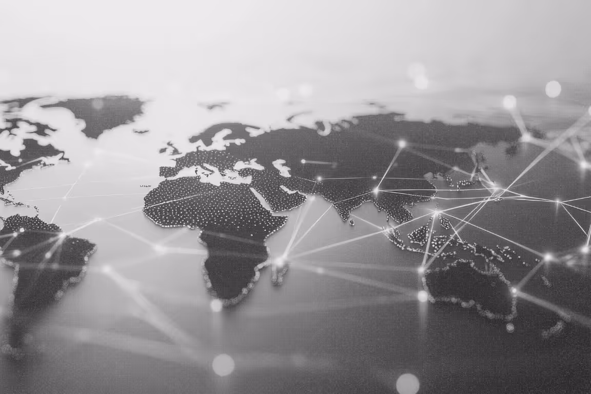 Digital world map with interconnected glowing points illustrating global network connections.