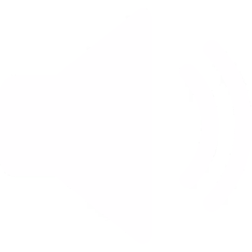 White speaker icon with three sound waves on a transparent background.