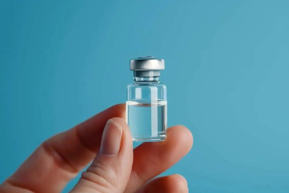 Small medical vial held between two fingers on a blue background, related to erectile dysfunction treatments.