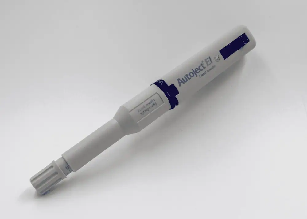 Autoject EI pen device for erectile dysfunction treatment on a plain background, highlighting effective in-office treatments.