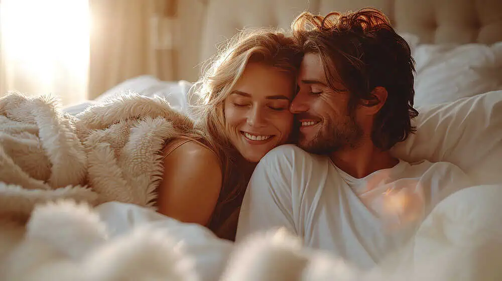Couple relaxing in bed, showcasing intimacy and happiness, relevant to sexual health solutions.