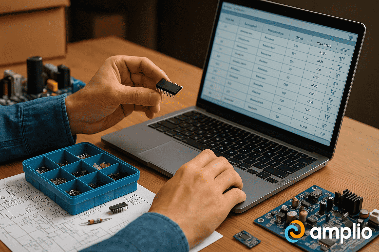 A collection of various electronic components, including resistors, capacitors, diodes, transistors, and integrated circuits, neatly arranged next to a metal ruler for scale.