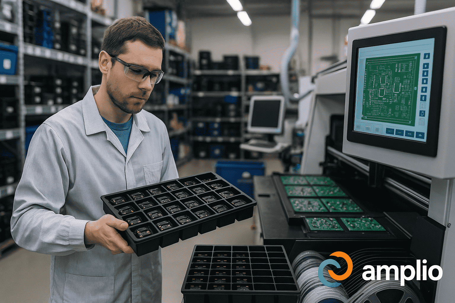 A technician in a lab coat handles a tray of electronic components beside an automated PCB assembly machine with a digital interface, in a well-organized electronics lab, featuring the Amplio logo.